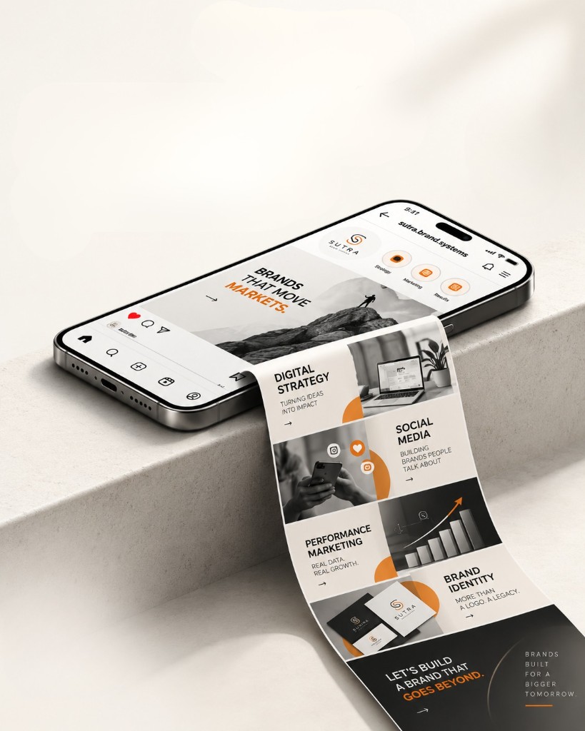 Sutra Brand Systems mobile site mockup spilling off a phone onto stone